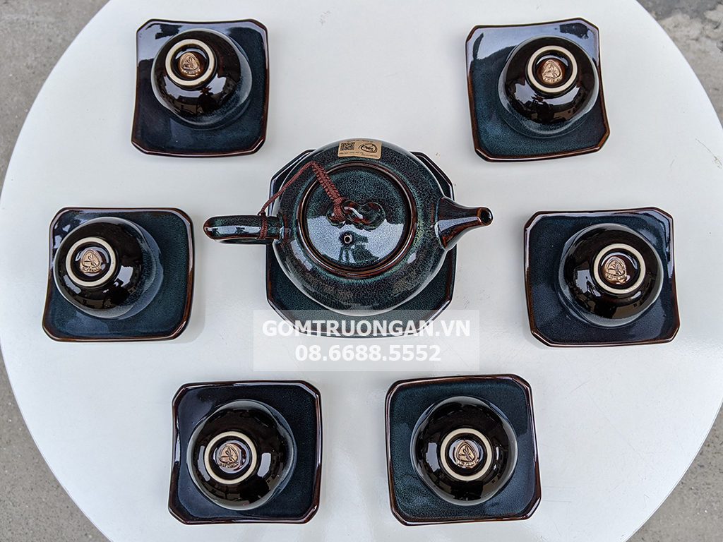 Bộ ấm chén men hỏa biến xanh ghi đúc lòng hoa dáng quả hồng 4