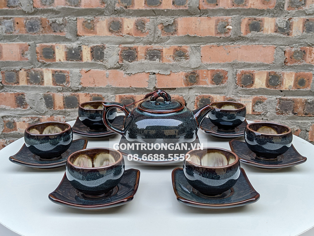 Bộ ấm chén men hỏa biến xanh ghi đúc lòng hoa dáng quả hồng 1