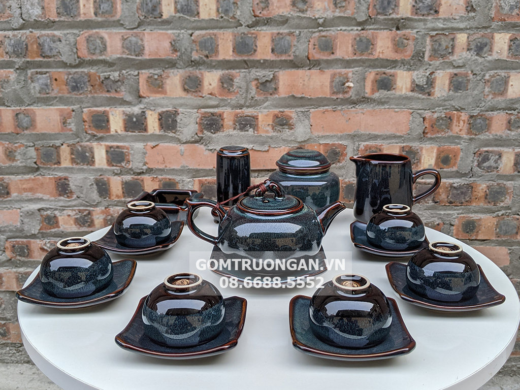 Bộ ấm chén men hỏa biến xanh ghi đúc dáng quả hồng đầy đủ phụ kiện 1