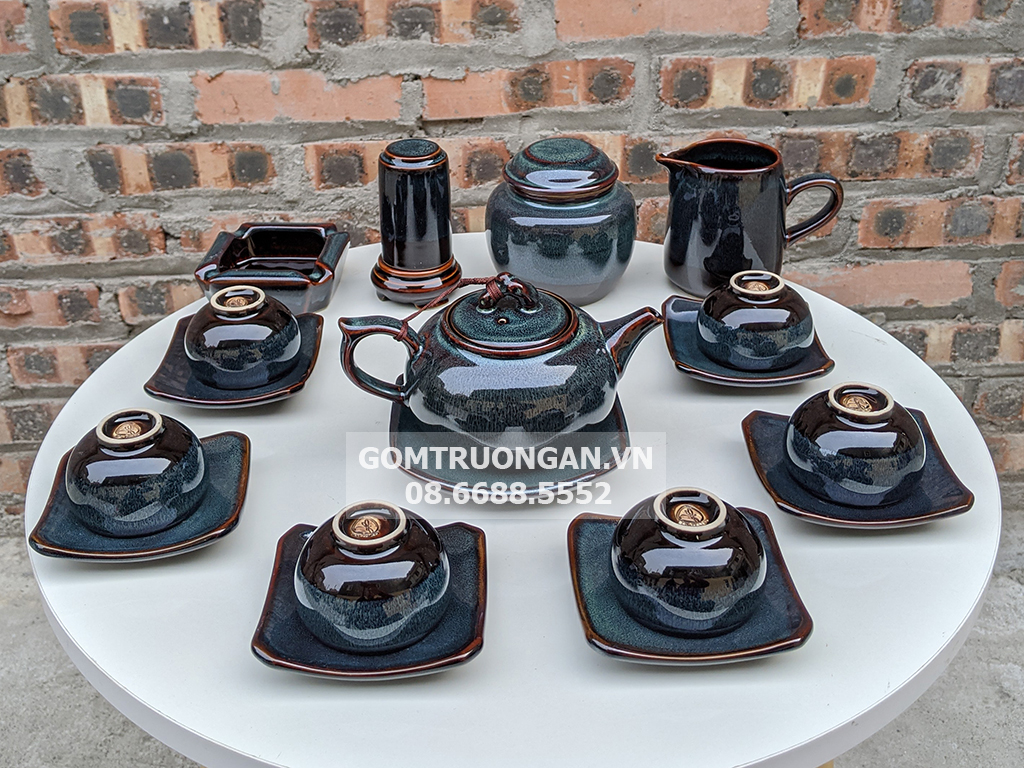 Bộ ấm chén men hỏa biến xanh ghi đúc dáng quả hồng đầy đủ phụ kiện 2