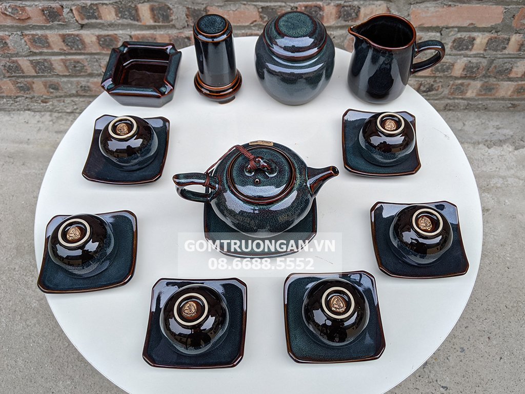 Bộ ấm chén men hỏa biến xanh ghi đúc dáng quả hồng đầy đủ phụ kiện 3