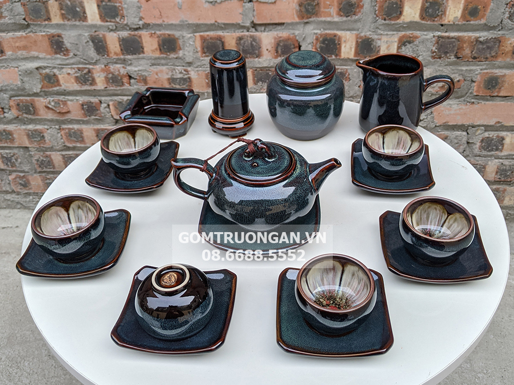 Bộ ấm chén men hỏa biến xanh ghi đúc dáng quả hồng đầy đủ phụ kiện 4