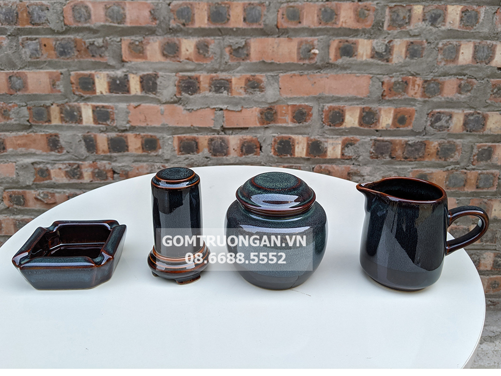 Bộ ấm chén men hỏa biến xanh ghi đúc dáng quả hồng đầy đủ phụ kiện 5