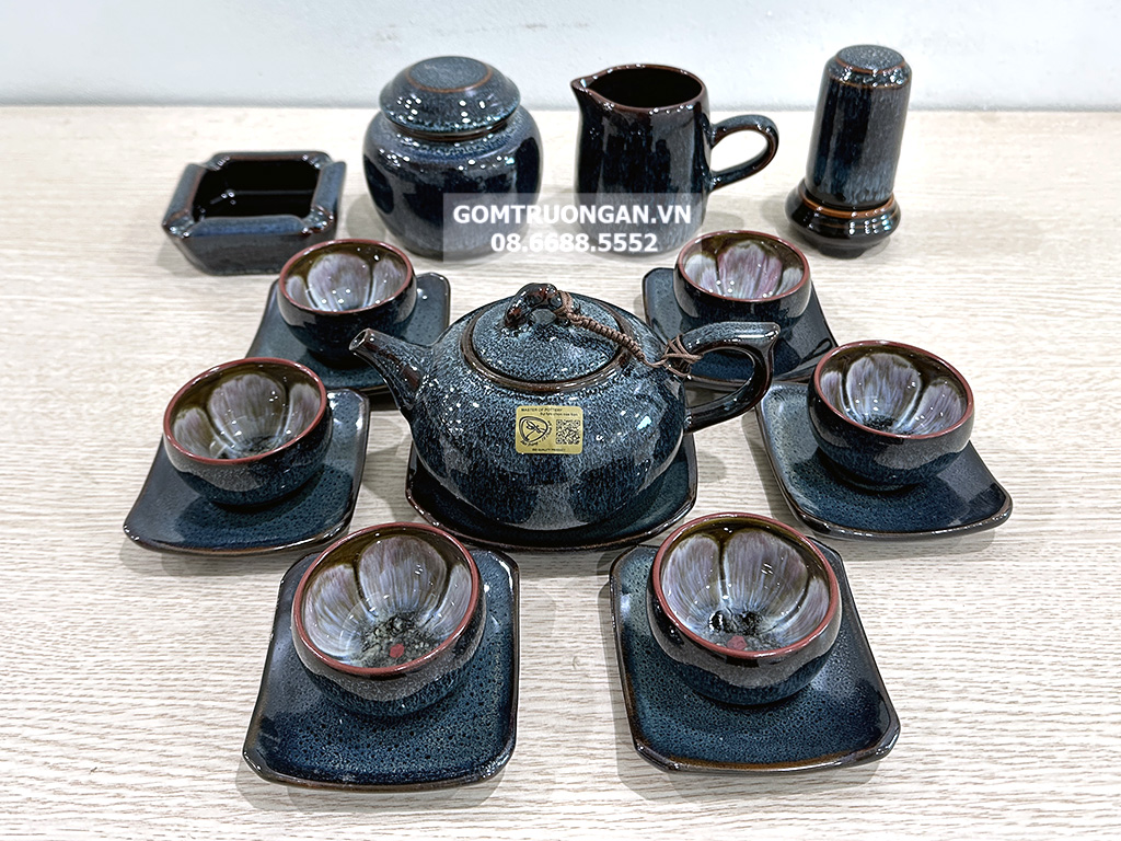 Bộ ấm chén men hỏa biến xanh ghi đúc dáng quả hồng đầy đủ phụ kiện 1