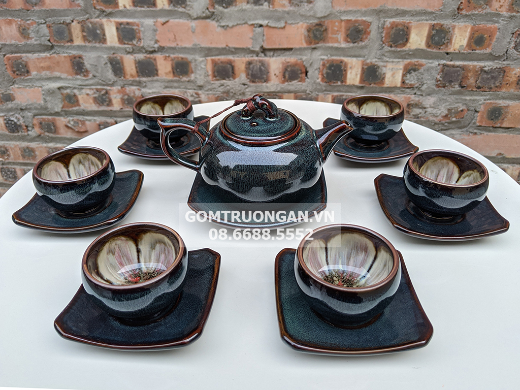 Bộ ấm chén men hỏa biến xanh ghi đúc dáng quả hồng đầy đủ phụ kiện 6