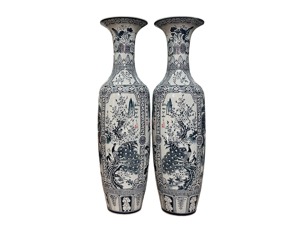 Lọ lộc bình Bát Tràng men chàm Tứ Quý vẽ kỹ 1m4 1