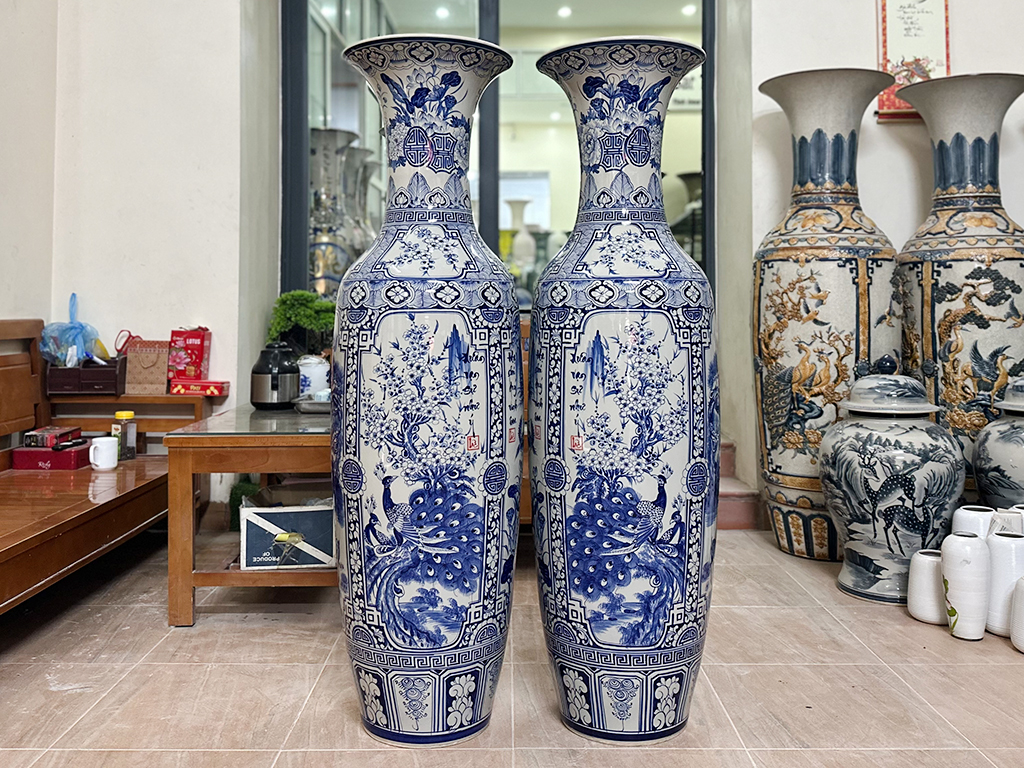 Lọ lộc bình Bát Tràng men lam Tứ quý vẽ kỹ 1m4 1