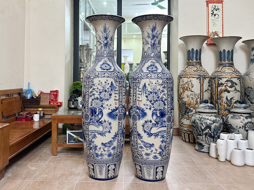 Lọ lộc bình Bát Tràng men lam Tứ quý vẽ kỹ 1m6 3