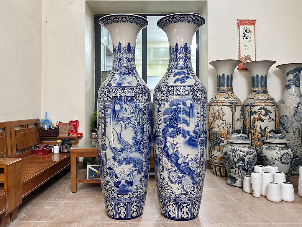 Lọ lộc bình Bát Tràng men lam Tứ quý vẽ kỹ 1m8 2