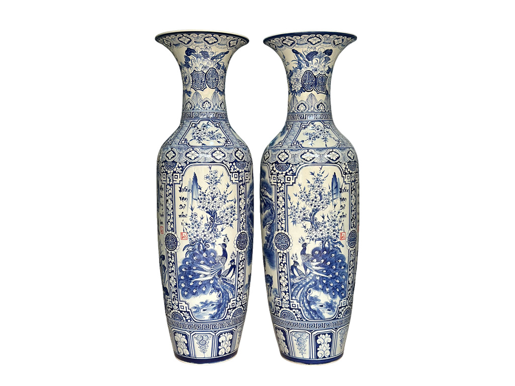 Lọ lộc bình Bát Tràng men lam Tứ quý vẽ kỹ 1m25 1