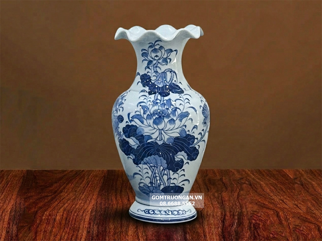 Lọ hoa bàn thờ miệng lượn men xanh ngọc Lộc Phát 32cm 1