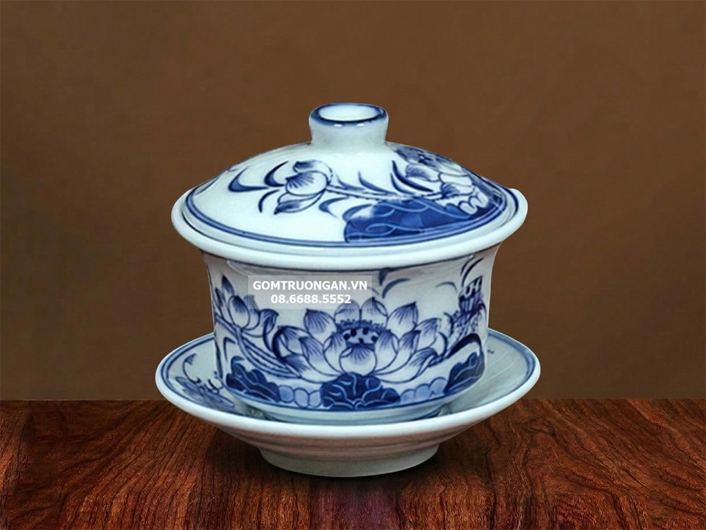 Bát trà sâm men xanh ngọc Lộc Phát hoa sen to 1