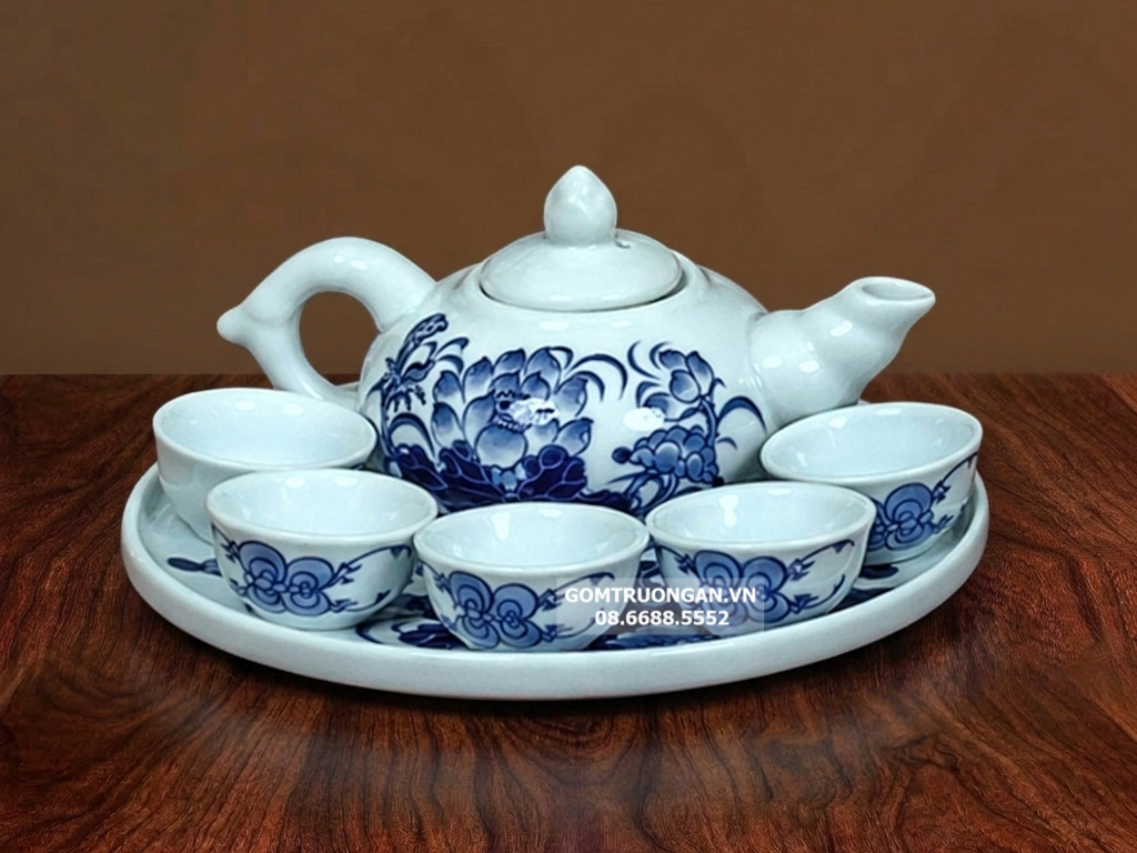 Bộ ấm chén thờ cúng men xanh ngọc Lộc Phát 5 chén 1