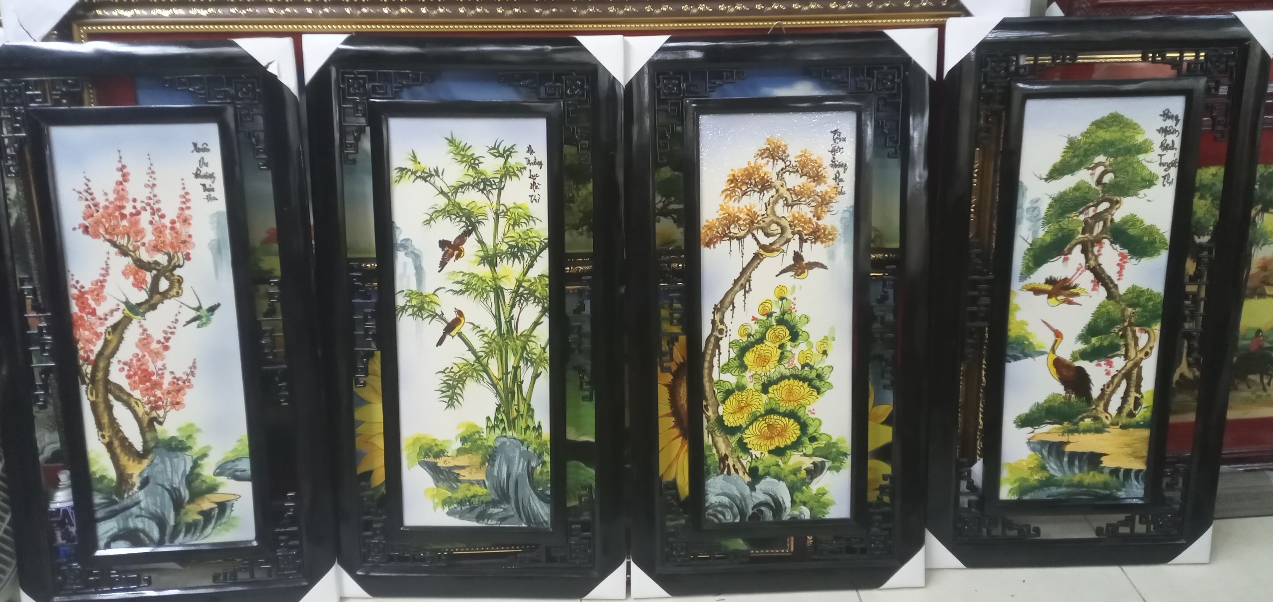 Tranh tứ quý Tùng Cúc Trúc Đào S3 vẽ tay các loài chim quý 80x43cm 1