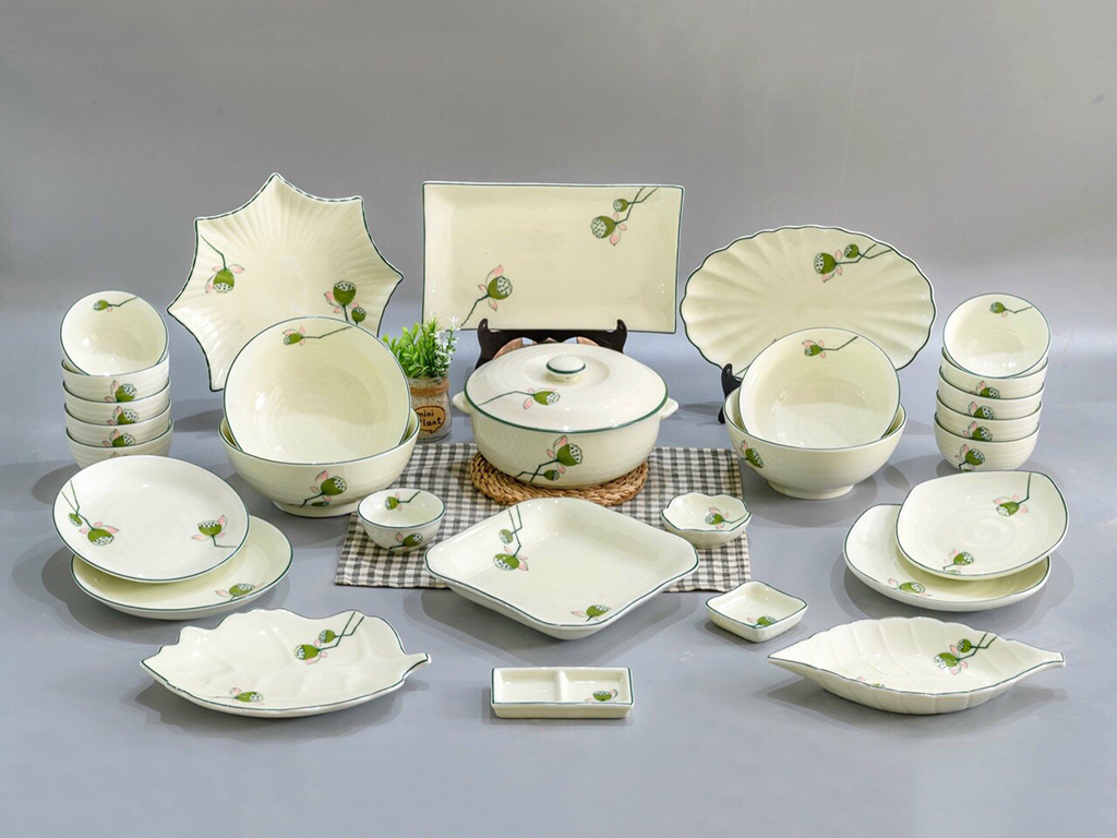 Bộ b&aacute;t đĩa B&aacute;t Tr&agrave;ng vẽ nhụy sen BDNS66