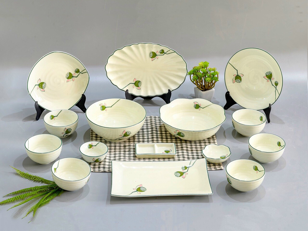 Bộ b&aacute;t đĩa B&aacute;t Tr&agrave;ng vẽ nhụy sen BDNS88