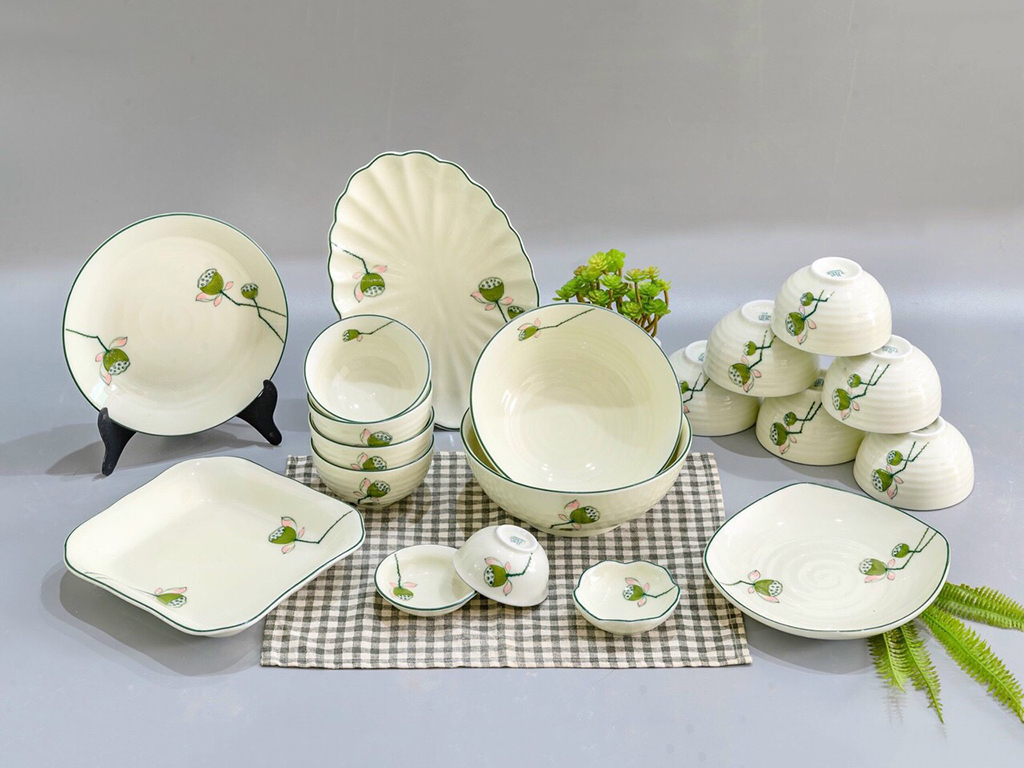 Bộ b&aacute;t đĩa B&aacute;t Tr&agrave;ng vẽ nhụy sen BDNS99