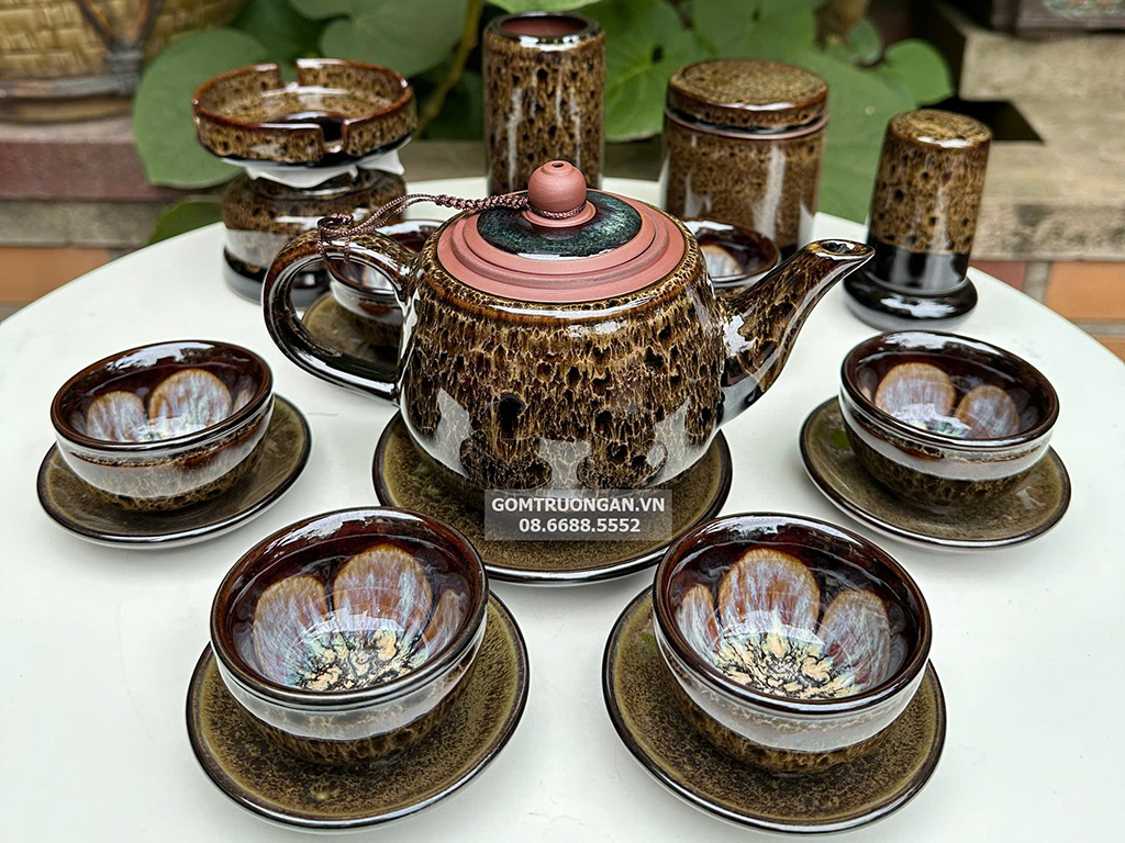 Bộ ấm trà tử sa hỏa biến Bát Tràng cao cấp mã não đầy đủ phụ kiện 1