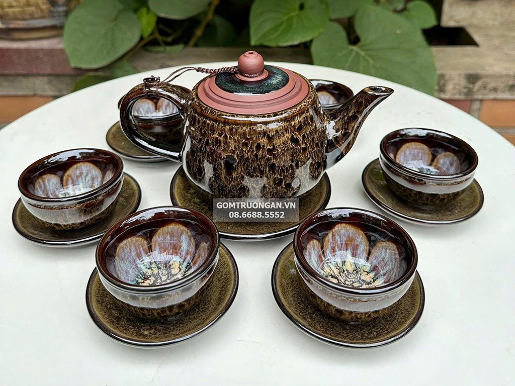 Bộ ấm trà tử sa hỏa biến Bát Tràng cao cấp mã não 1