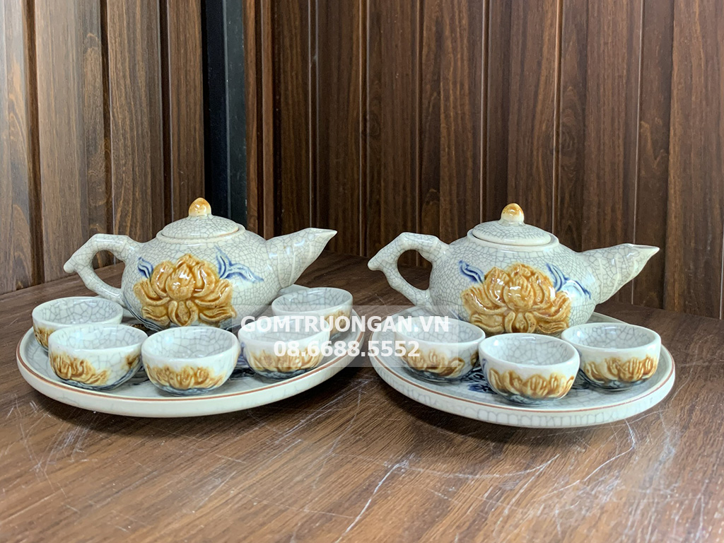 Bộ ấm chén thờ 5 men rạn nổi cao cấp Trường Xuân 2