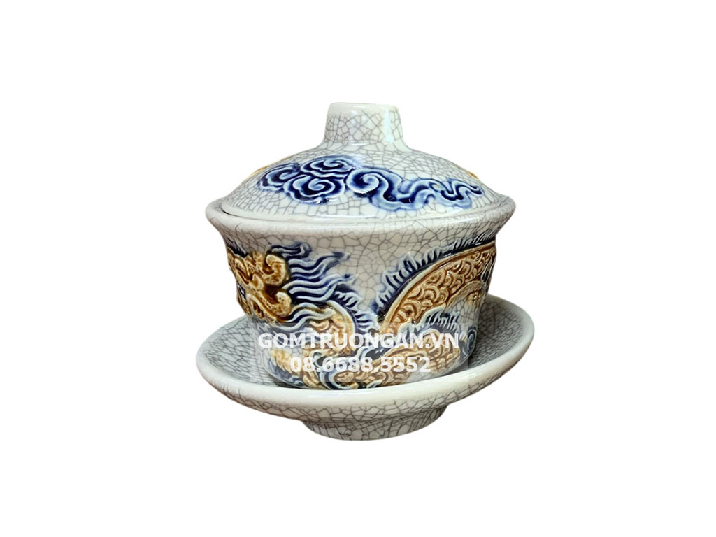 Bát trà sâm Vạn Phúc Trường Xuân đắp nổi rồng cao cấp 1