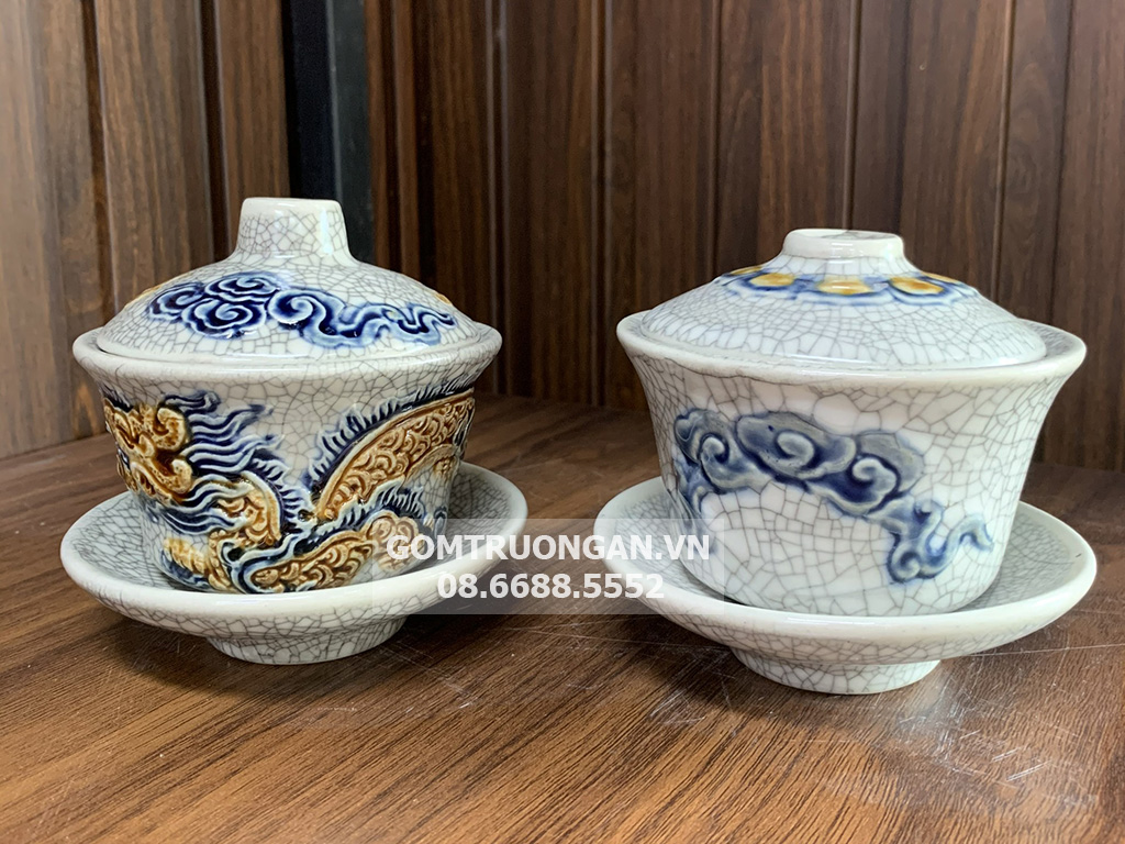 Bát trà sâm Vạn Phúc Trường Xuân đắp nổi rồng cao cấp 2