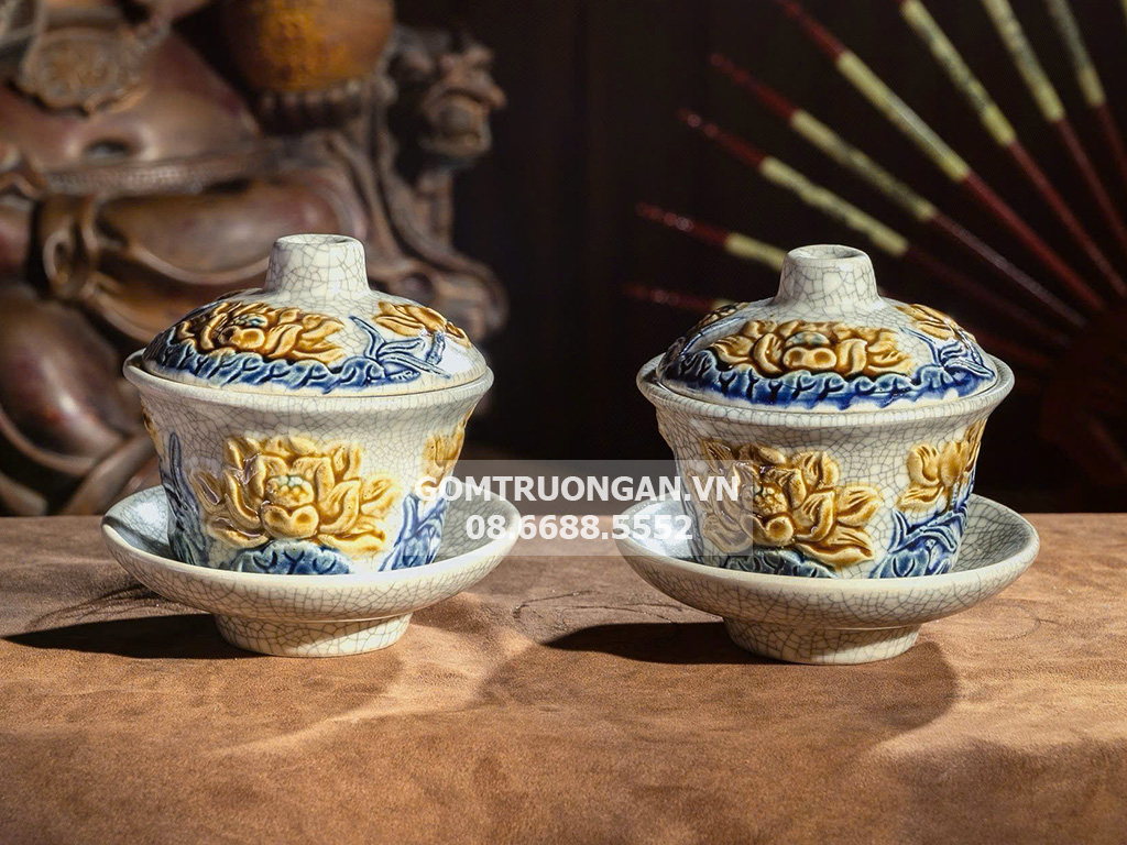 Bát trà sâm Vạn Phúc Trường Xuân đắp nổi hoa sen cao cấp cỡ to 2