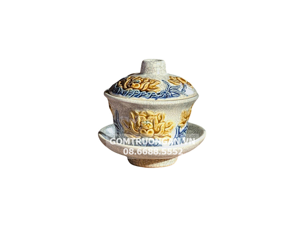 Bát trà sâm Vạn Phúc Trường Xuân đắp nổi hoa sen cao cấp cỡ bé 1