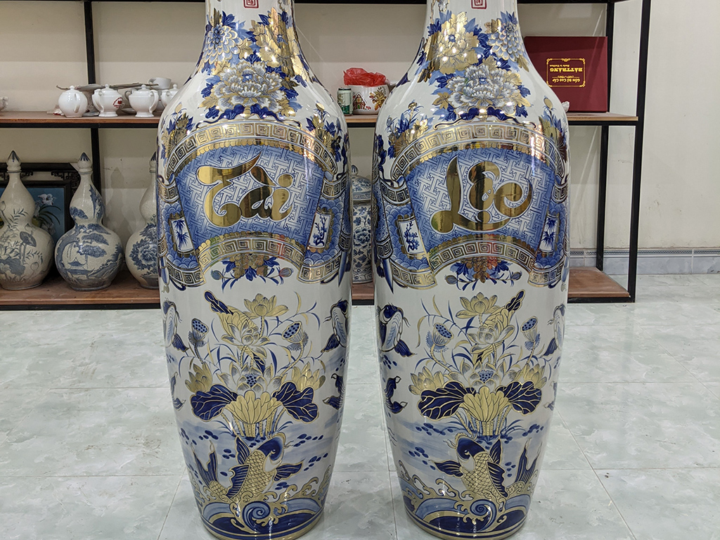 Lọ lộc bình Bát Tràng Tài Lộc vẽ vàng công nghệ nano 1m4 5