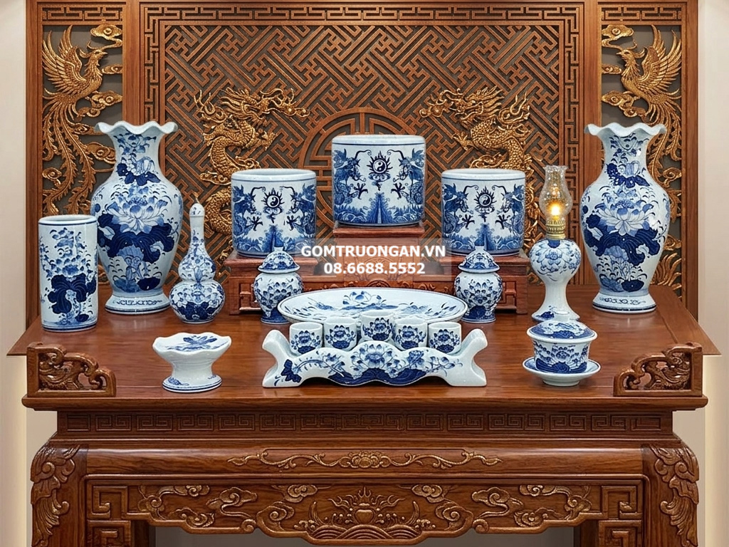 Bộ đồ thờ gia tiên men lam ngọc Lộc Phát ban thờ 1m27 3 bát hương 1