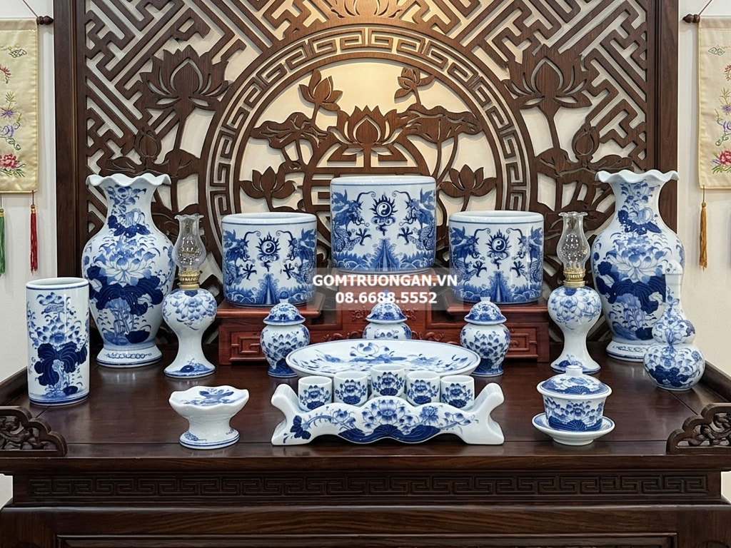 Bộ đồ thờ gia tiên men lam ngọc Lộc Phát ban thờ 1m53 3 bát hương 1