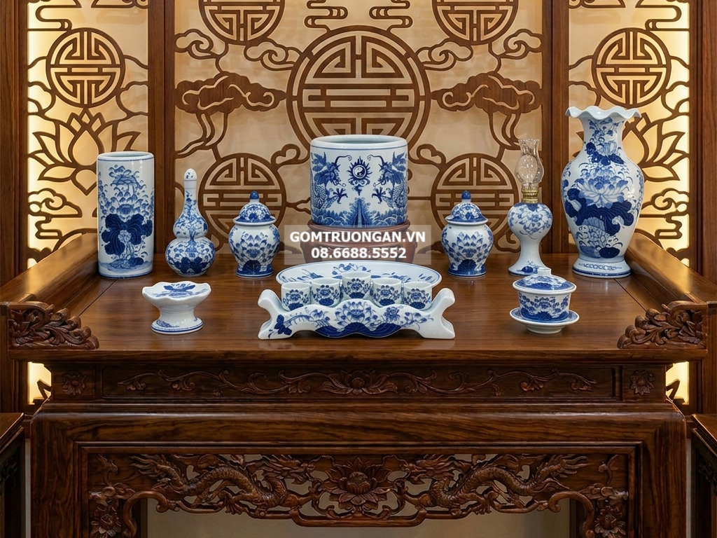 Bộ đồ thờ gia tiên men lam ngọc Lộc Phát ban thờ 1m75 1 bát hương 1