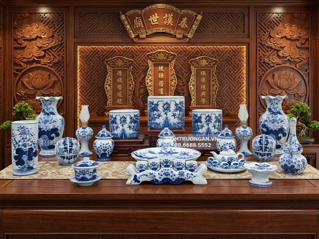 Bộ đồ thờ gia tiên men lam ngọc Lộc Phát ban thờ 1m97 3 bát hương 2