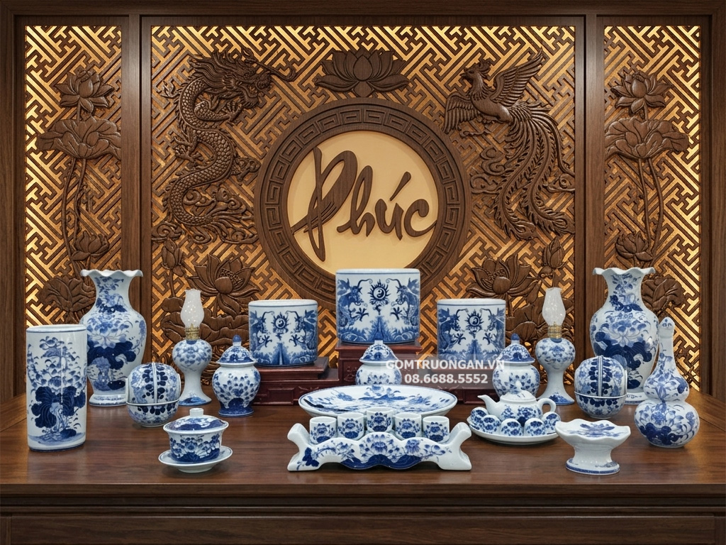 Bộ đồ thờ gia tiên men lam ngọc Lộc Phát ban thờ 1m97 3 bát hương 1