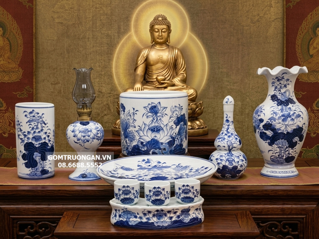 Bộ đồ thờ Bát Tràng men lam ngọc Lộc Phát ban thờ Phật 1