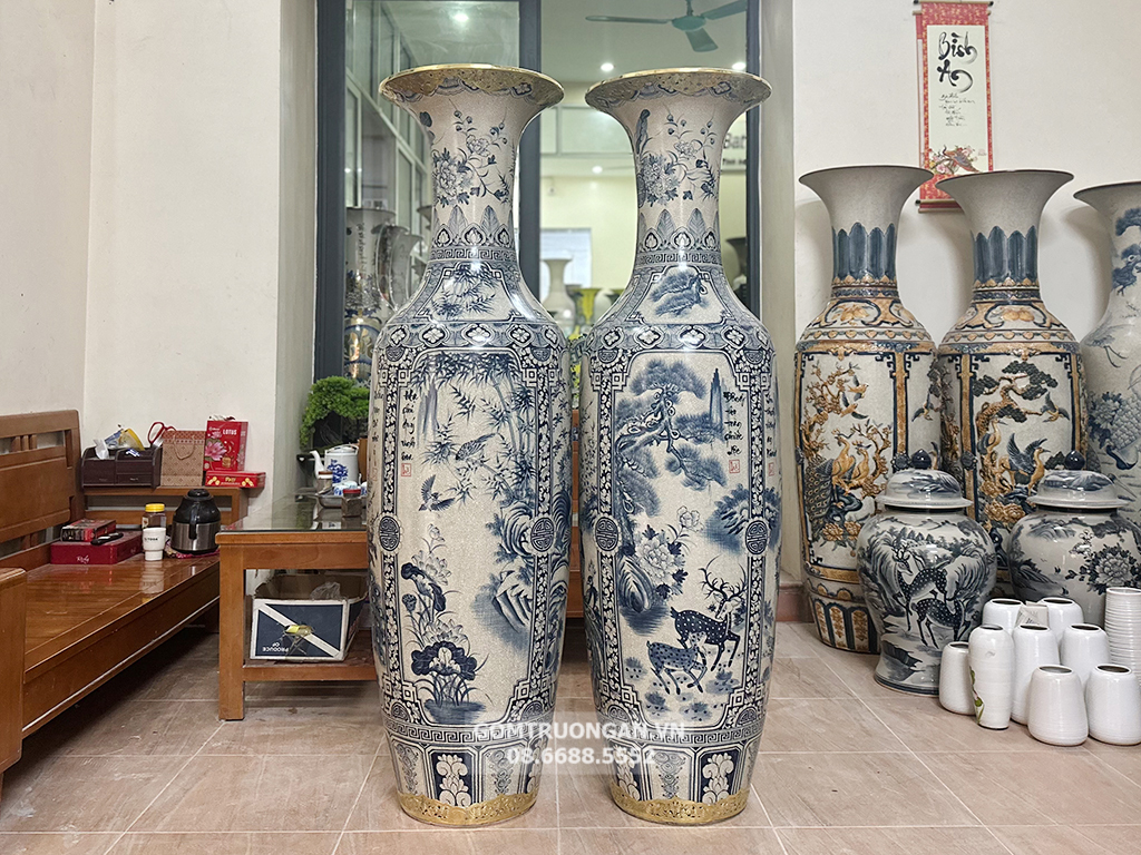 Lọ lộc bình Bát Tràng men rạn vẽ kỹ Tứ Quý 1m6 bọc đồng 2