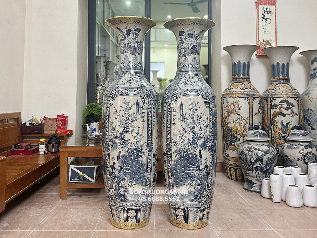 Lọ lộc bình Bát Tràng men rạn vẽ kỹ Tứ Quý 1m6 bọc đồng 1