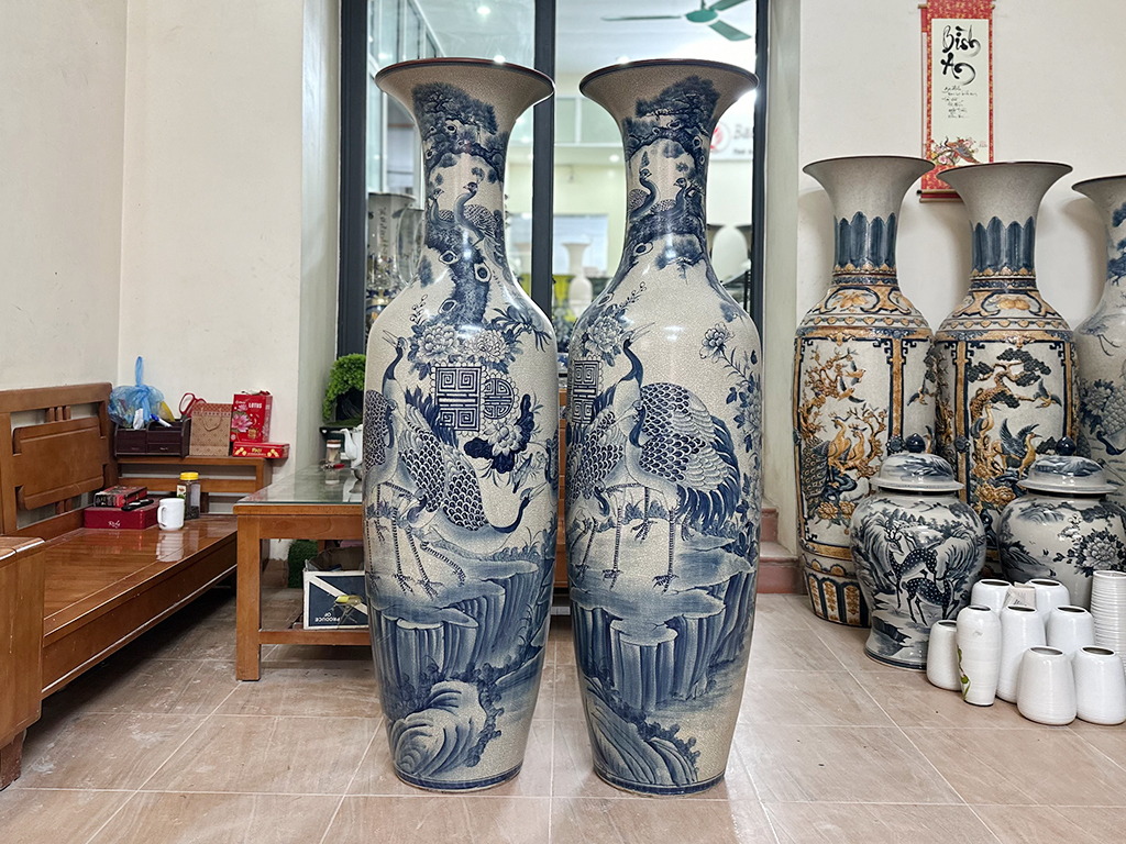 Lọ lộc bình Bát Tràng men rạn vẽ kỹ Tùng Hạc Ngũ Phúc 1m6 2