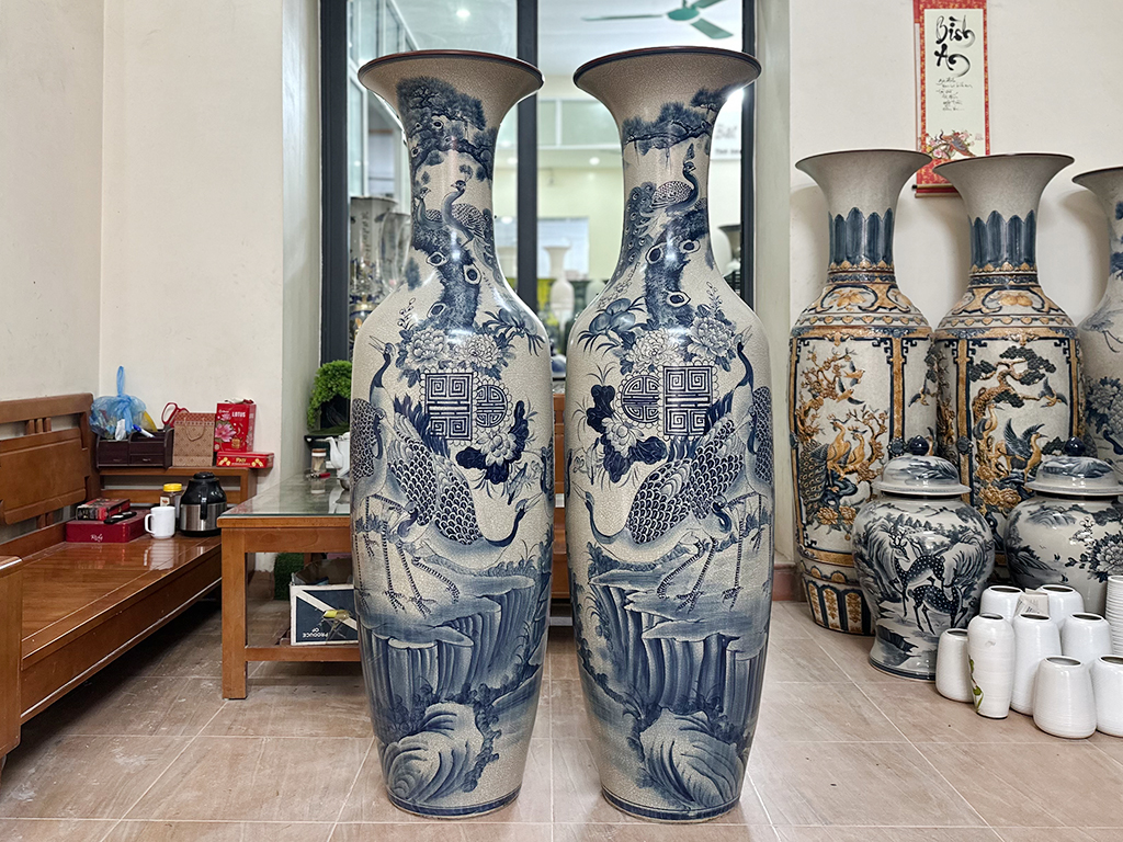 Lọ lộc bình Bát Tràng men rạn vẽ kỹ Tùng Hạc Ngũ Phúc 1m6 1