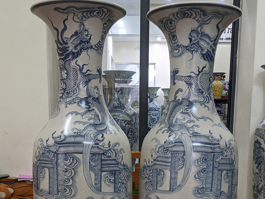 Lọ lộc bình Bát Tràng men rạn vẽ kỹ Cá Chép Hóa Rồng 1m6 2