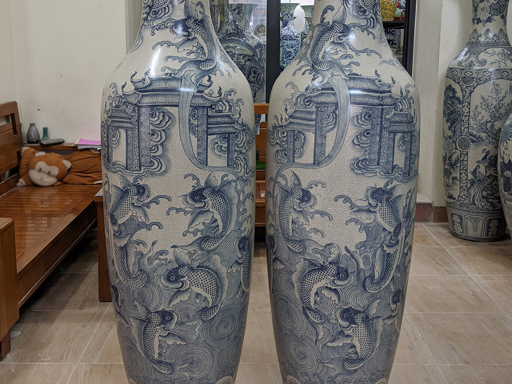 Lọ lộc bình Bát Tràng men rạn vẽ kỹ Cá Chép Hóa Rồng 1m6 3