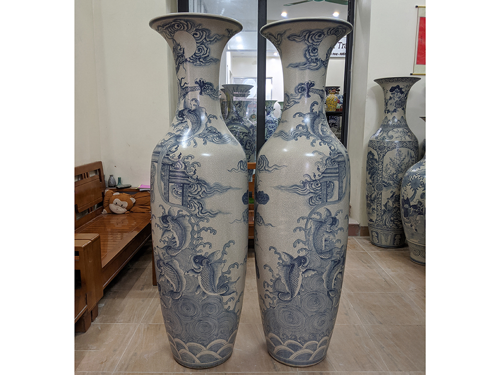 Lọ lộc bình Bát Tràng men rạn vẽ kỹ Cá Chép Hóa Rồng 1m6 4