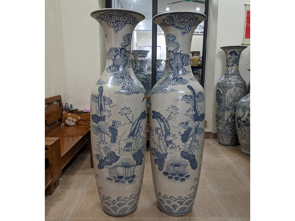 Lọ lộc bình Bát Tràng men rạn vẽ kỹ Cá Chép Hóa Rồng 1m6 6