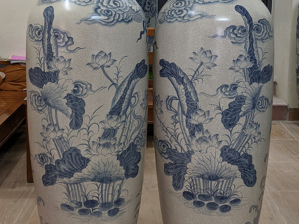 Lọ lộc bình Bát Tràng men rạn vẽ kỹ Cá Chép Hóa Rồng 1m6 7