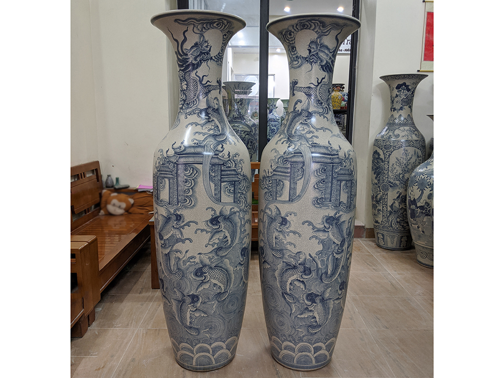 Lọ lộc bình Bát Tràng men rạn vẽ kỹ Cá Chép Hóa Rồng 1m6 1