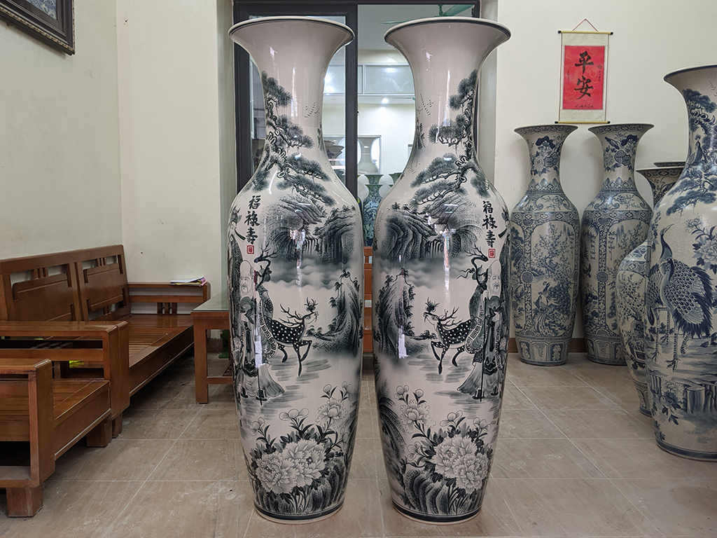 Lọ lộc bình Bát Tràng men chàm Phúc Lộc Thọ vẽ kỹ 1m6 2