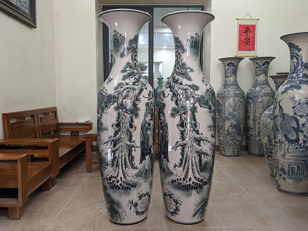 Lọ lộc bình Bát Tràng men chàm Phúc Lộc Thọ vẽ kỹ 1m6 3