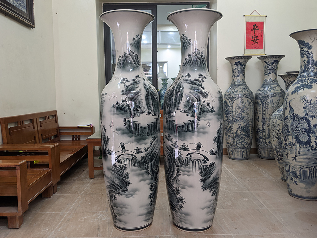 Lọ lộc bình Bát Tràng men chàm Phúc Lộc Thọ vẽ kỹ 1m6 4