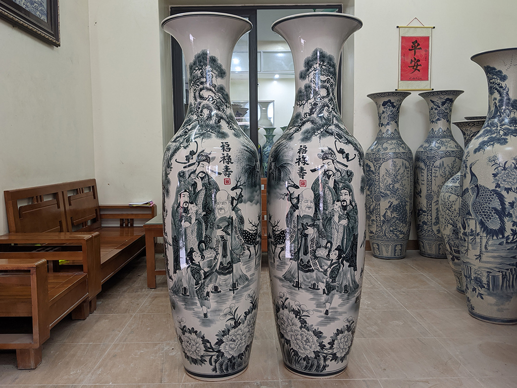 Lọ lộc bình Bát Tràng men chàm Phúc Lộc Thọ vẽ kỹ 1m6 1