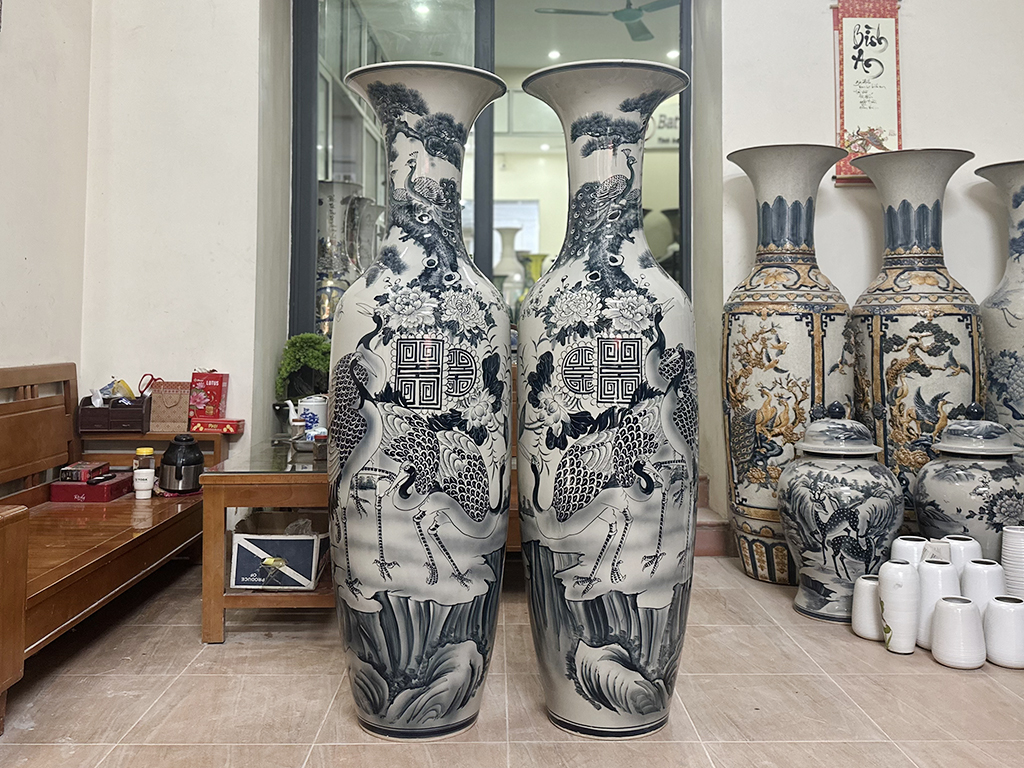 Lọ lộc bình Bát Tràng men chàm cổ Tùng Hạc Ngũ Phúc 1m6 1